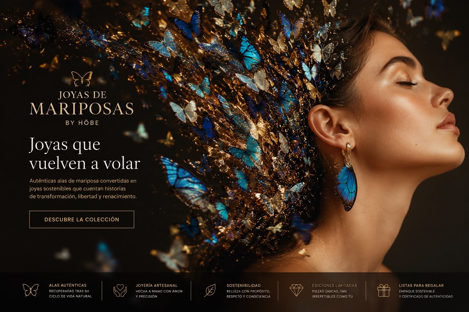 Modelo con pendiente de mariposa Segundo Vuelo entre un remolino de mariposas y polvo dorado